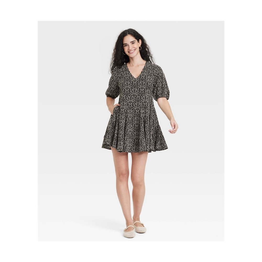Universal Thread Women's Puff Sleeve Mini A-Line Dress (Black Floral - XS)